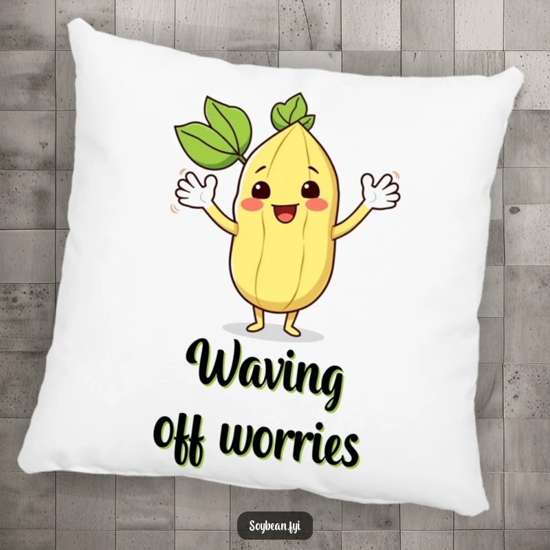 Funny kawaii soybean character happily waving its leafy arms, on a soft, comfortable pillow.