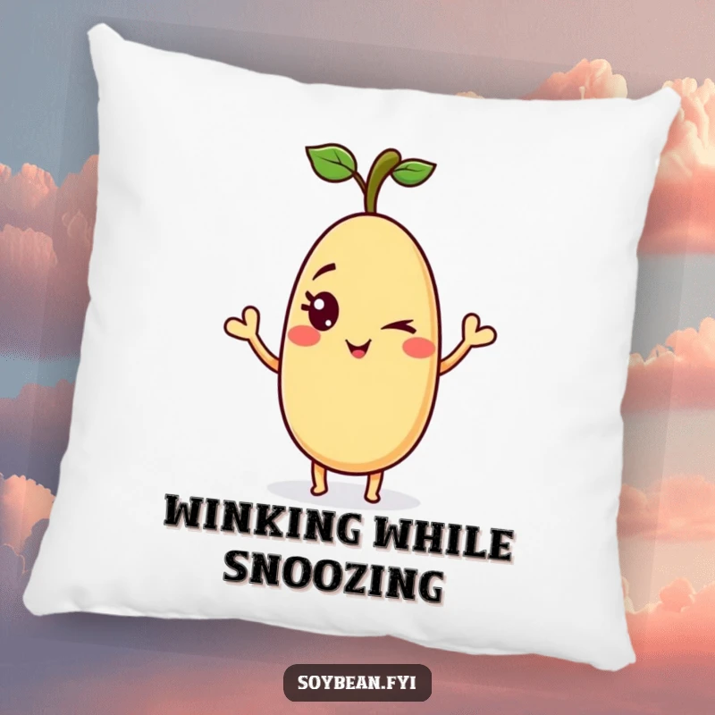Funny soybean pillow with a playful anthropomorphic soybean giving a mischievous wink and a wave, offering comfort and amusement.