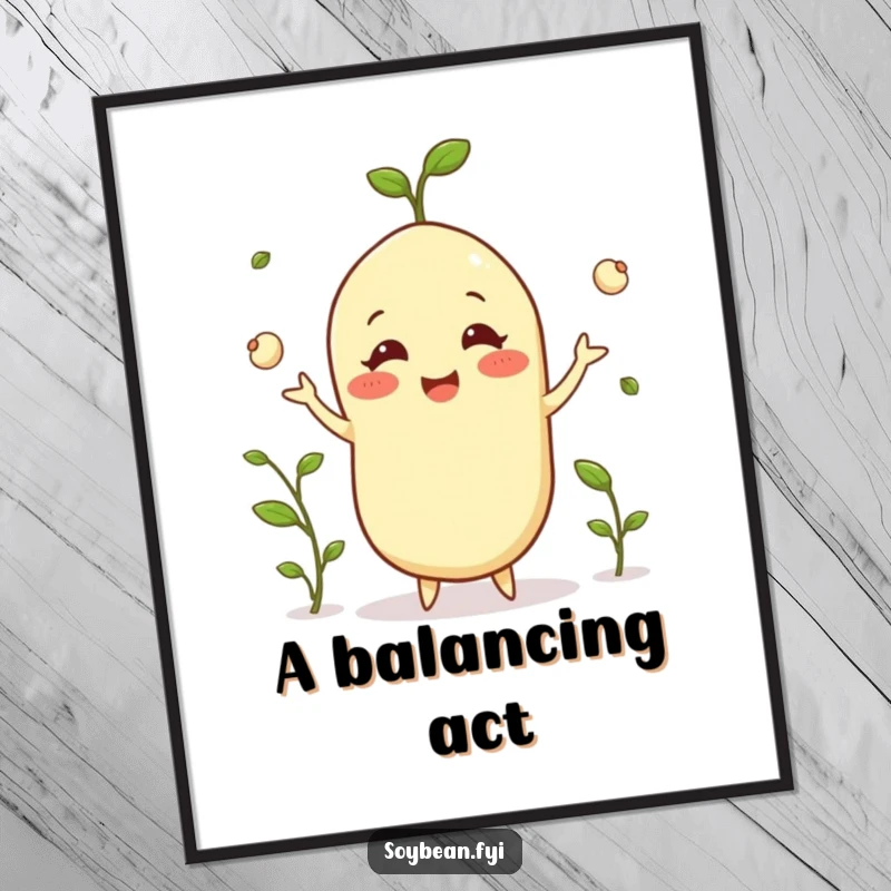 Funny happy soybean digital art print grinning while juggling tiny sprouts, a burst of talent to decorate any space, a great funny gift.