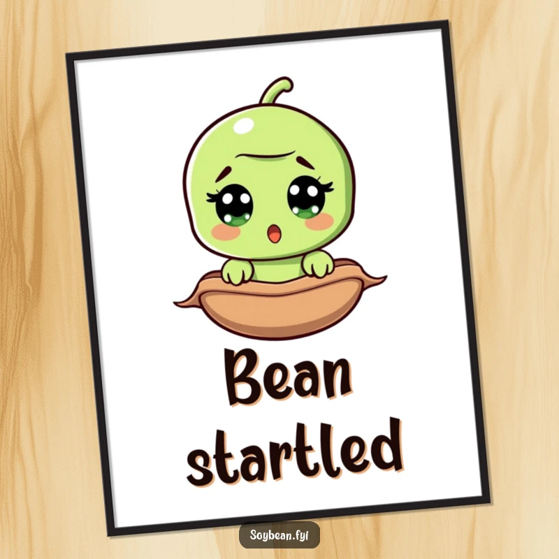 Funny surprised soybean digital art, wide-eyed bean peeking from pod, high-resolution graphic, instant download.