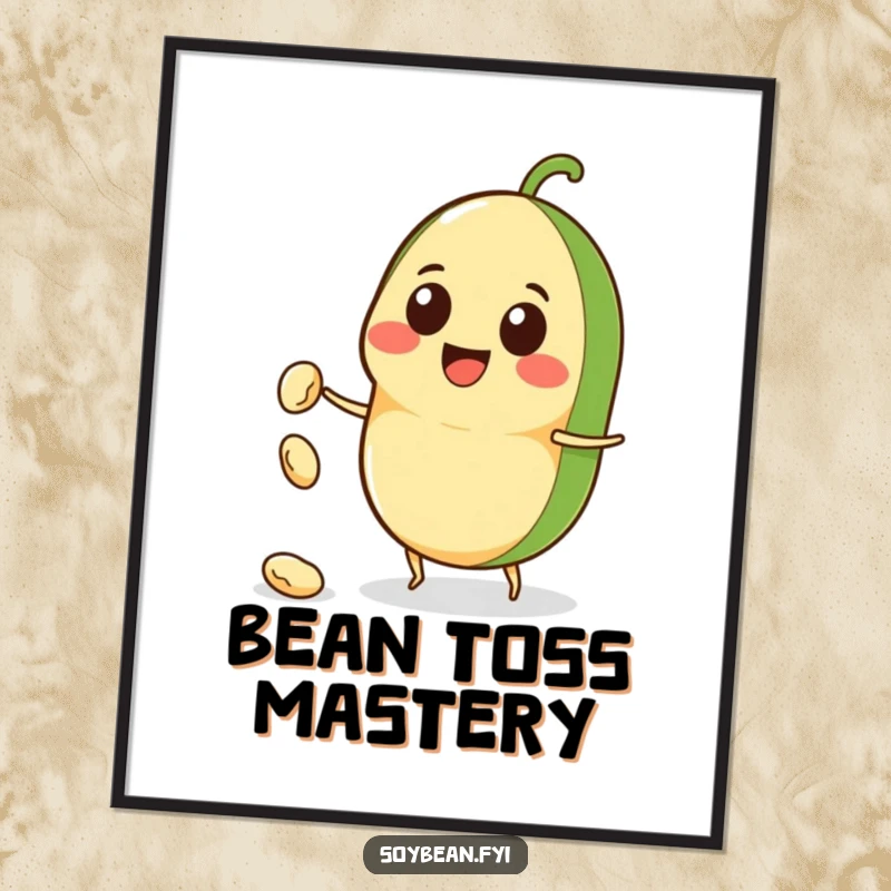 Funny Kawaii soybean character digital art print, smiling enthusiastically while tossing a small bean, vibrant and humorous.