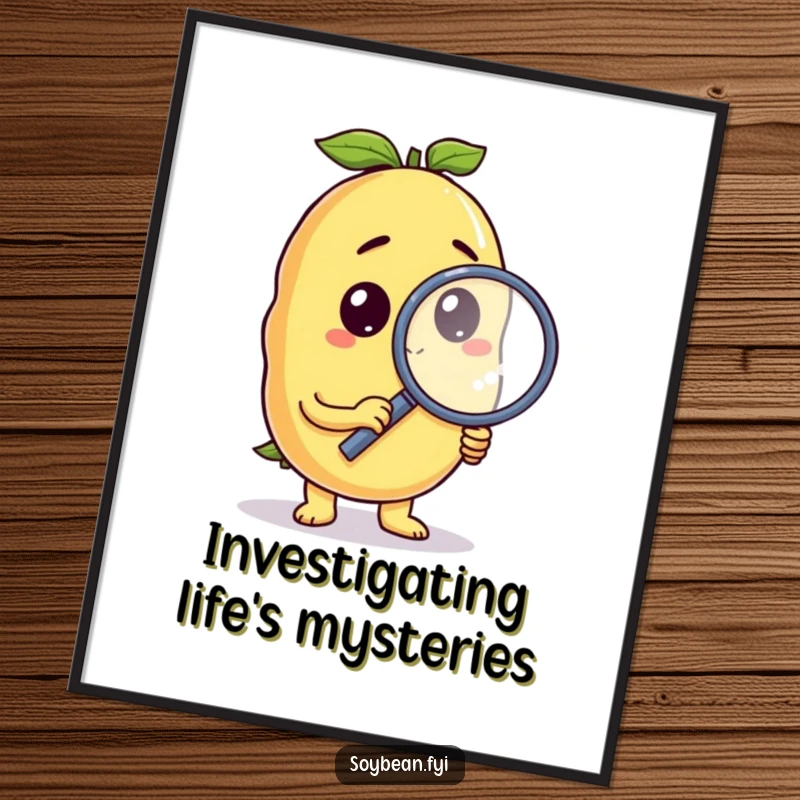 Funny soybean digital art print of a curious anthropomorphic character holding a magnifying glass, ideal for humorous decor.