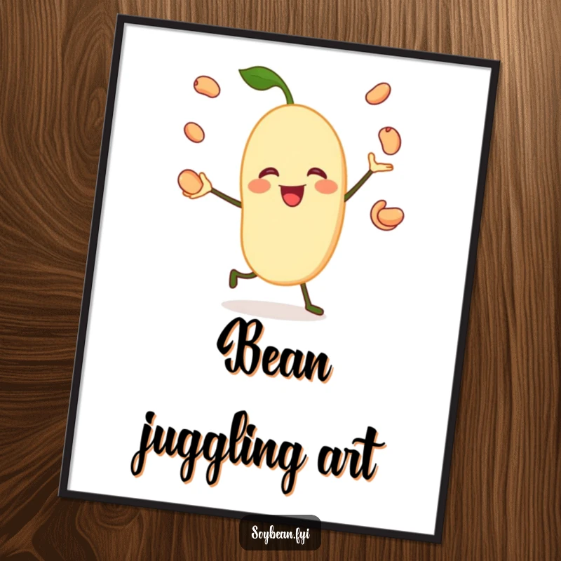 Funny digital art print of a jovial soybean character happily juggling its own beans, perfect for adding a splash of humor to any room.