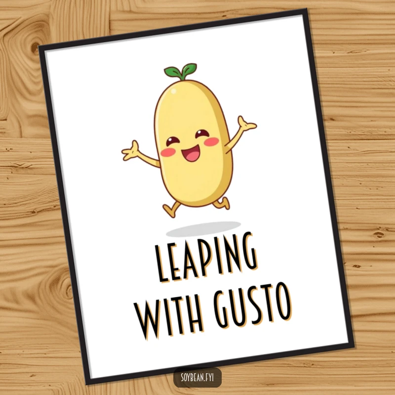 Funny energetic soybean doing a jumping jack, humorous digital art print for instant download.