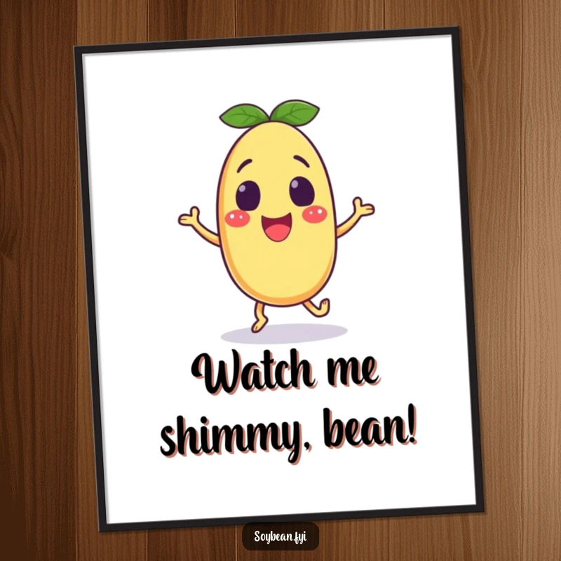 Funny soybean digital art print of an excited anthropomorphic character doing a happy shuffle, ideal for humorous decor.