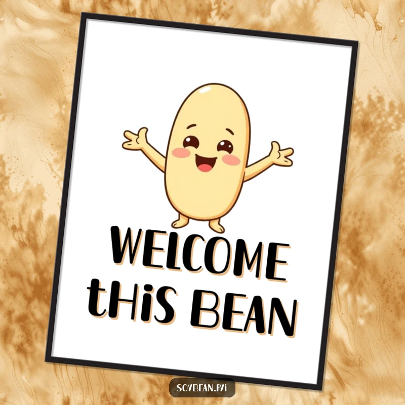 Funny Kawaii soybean character digital art print, featuring the character with arms spread wide in a warm, inviting, happy greeting.