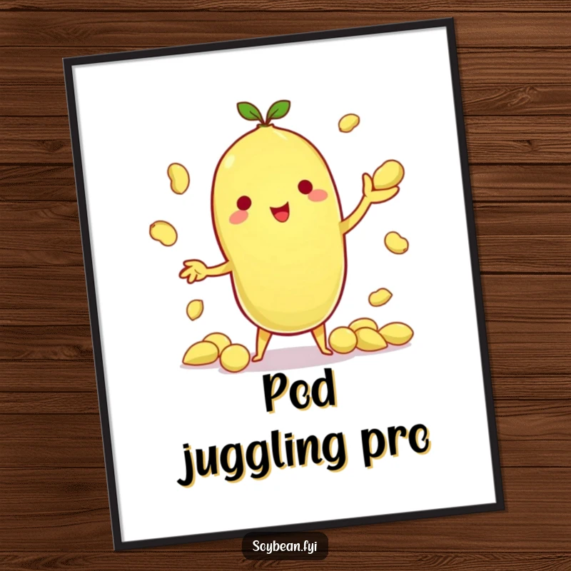 Funny digital art print of a cute kawaii soybean character skillfully juggling multiple edamame pods, showcasing impressive dexterity and charm.