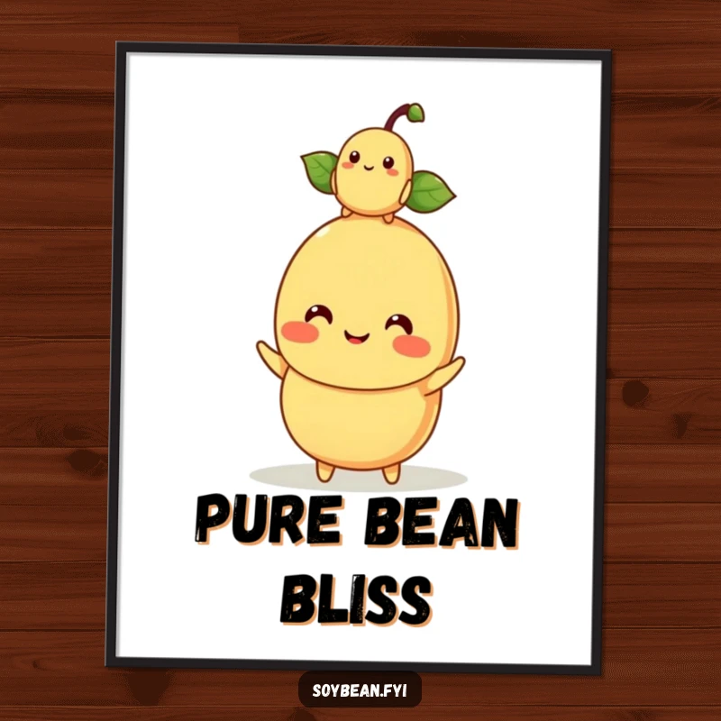 Funny kawaii soybean character mom balancing a baby soybean on its head, rendered as humorous digital art.