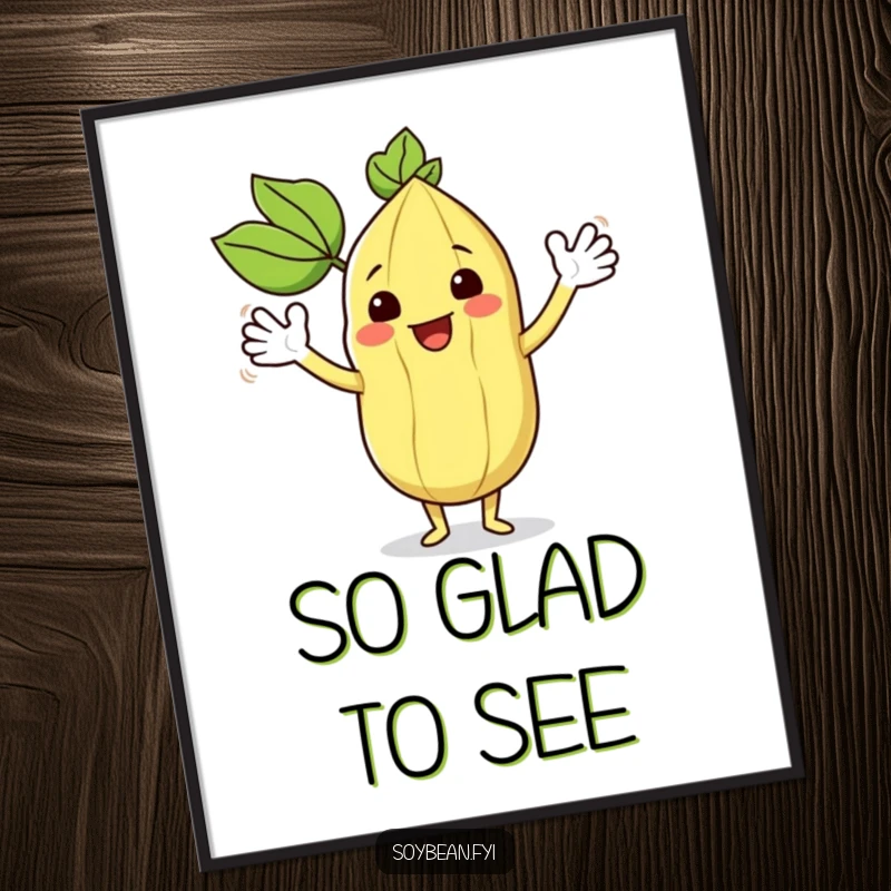 Funny kawaii soybean character enthusiastically waving its leafy arms, rendered as humorous digital art.