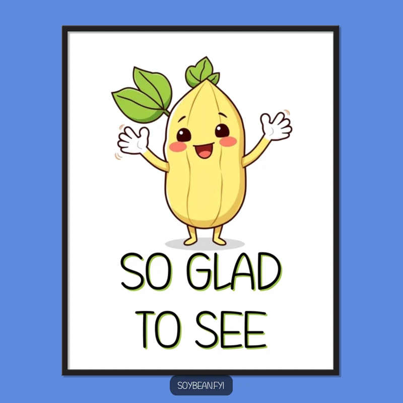 Funny Kawaii Soybean Waving Digital Art - Enthusiastic Printable Greeting Gift