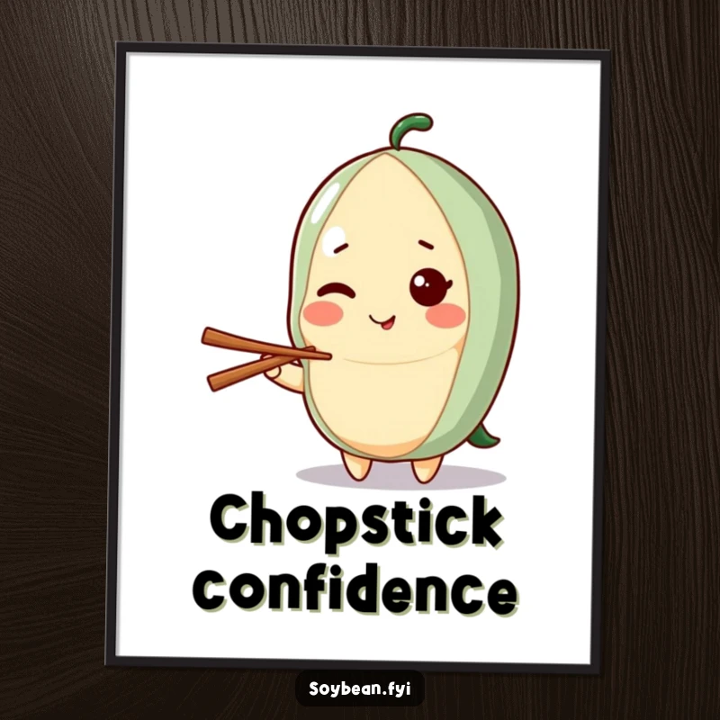 Funny digital art print of a cute kawaii soybean character giving a playful wink while holding a chopstick, radiating charm and confidence.