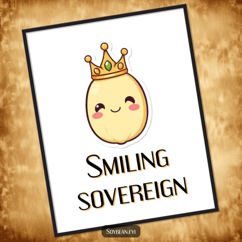 Funny digital art print of a smiling soybean character wearing a crown, conveying cheerful royalty and happiness, perfect for regal decor.