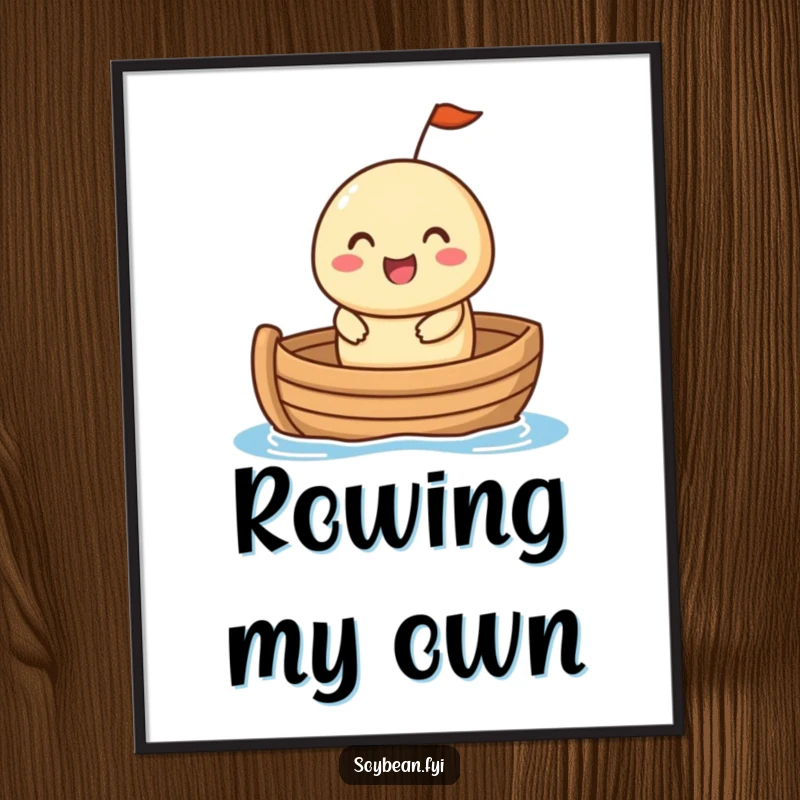 Funny Art Print: A soybean with a cheerful expression sailing in a small boat, creating a whimsical and humorous focal point for coastal decor.