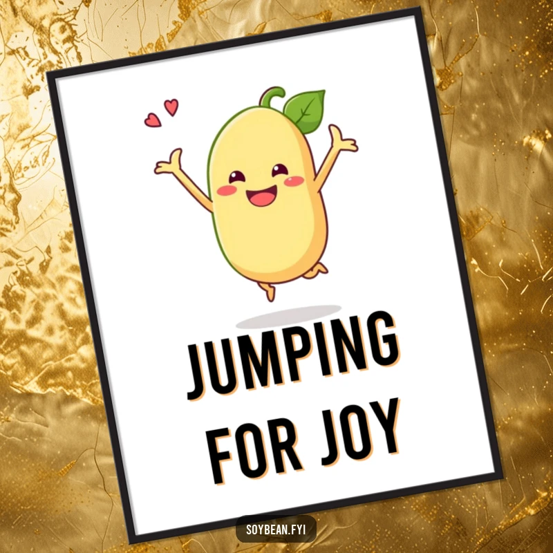 Funny soybean digital art print of a grinning anthropomorphic soybean doing a celebratory jump, ideal for instant humorous decor.