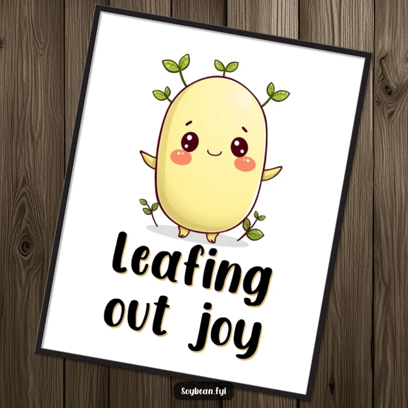Funny digital art print of a cheerful soybean character sprouting leaves, ready to add natural charm.