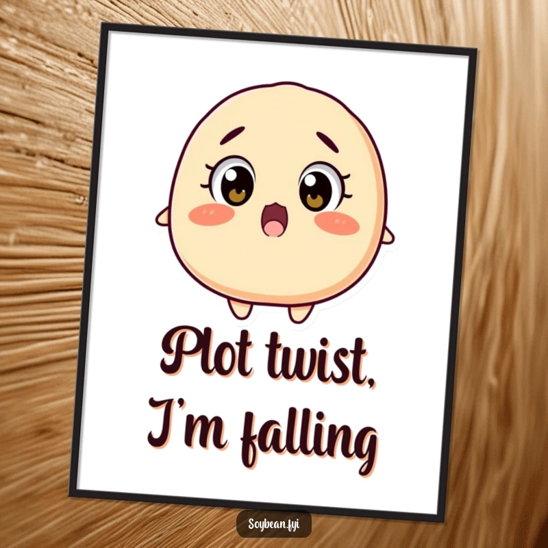 Funny surprised soybean digital art print with wide eyes falling backwards, a burst of shock to decorate any space, a great funny gift.