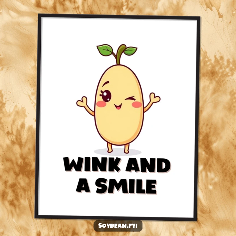 Funny soybean digital art print of a playful anthropomorphic soybean giving a mischievous wink and a wave, ideal for instant humorous decor.