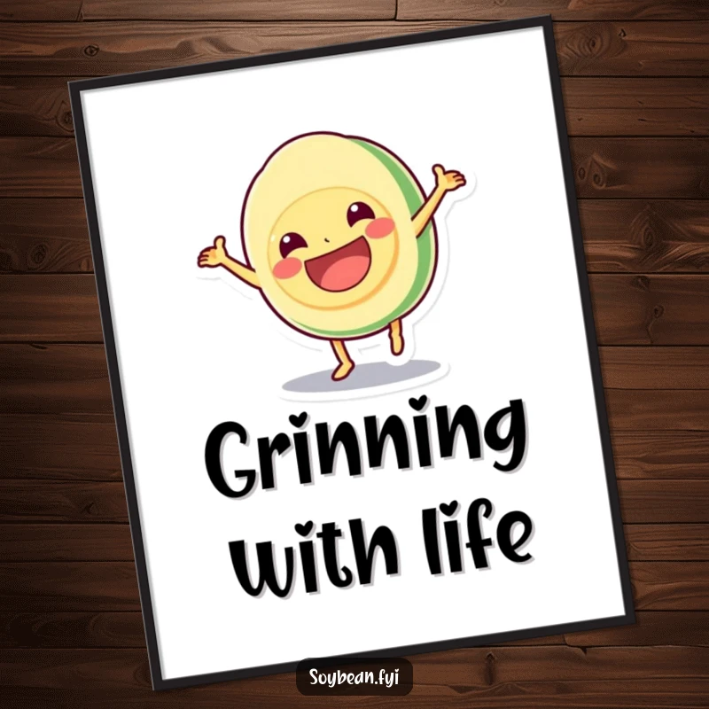 Funny digital art print of a kawaii soybean doing a cartwheel with a grin, bringing energetic and humorous vibes to any printable decor, a fun gift.