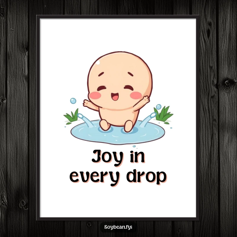 Funny digital art print of a happy soybean character joyfully splashing in a tiny puddle, capturing a moment of pure, unadulterated happiness.
