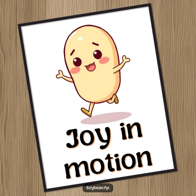Funny Digital Soybean Art Print of an energetic soybean character doing a happy skip, perfect for dynamic decor.