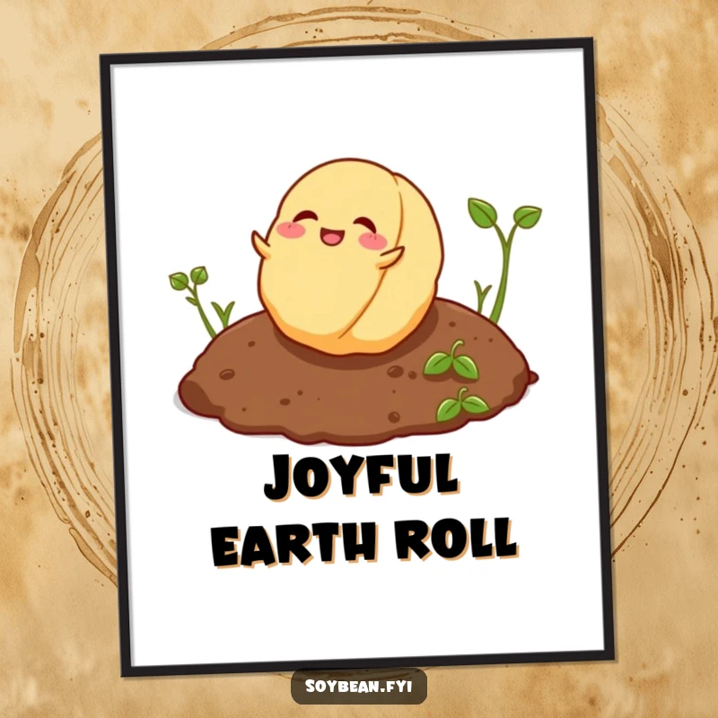 Funny playful soybean character rolling joyfully on soil, humorous digital art print.