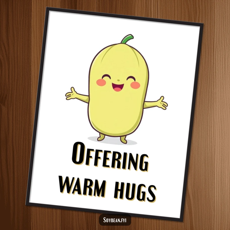Funny Soybean Digital Art Print: A smiling soybean character with arms outstretched, offering a friendly hug.