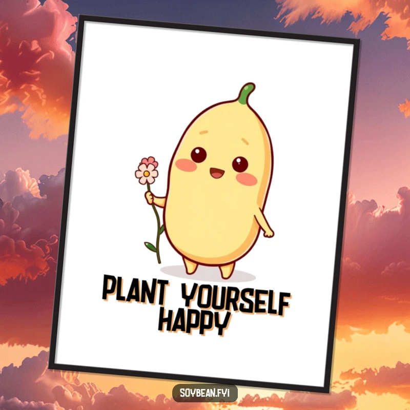 Funny Soybean Digital Art Print showing a beaming soybean character offering a flower, perfect for adding instant warmth and gentle humor.