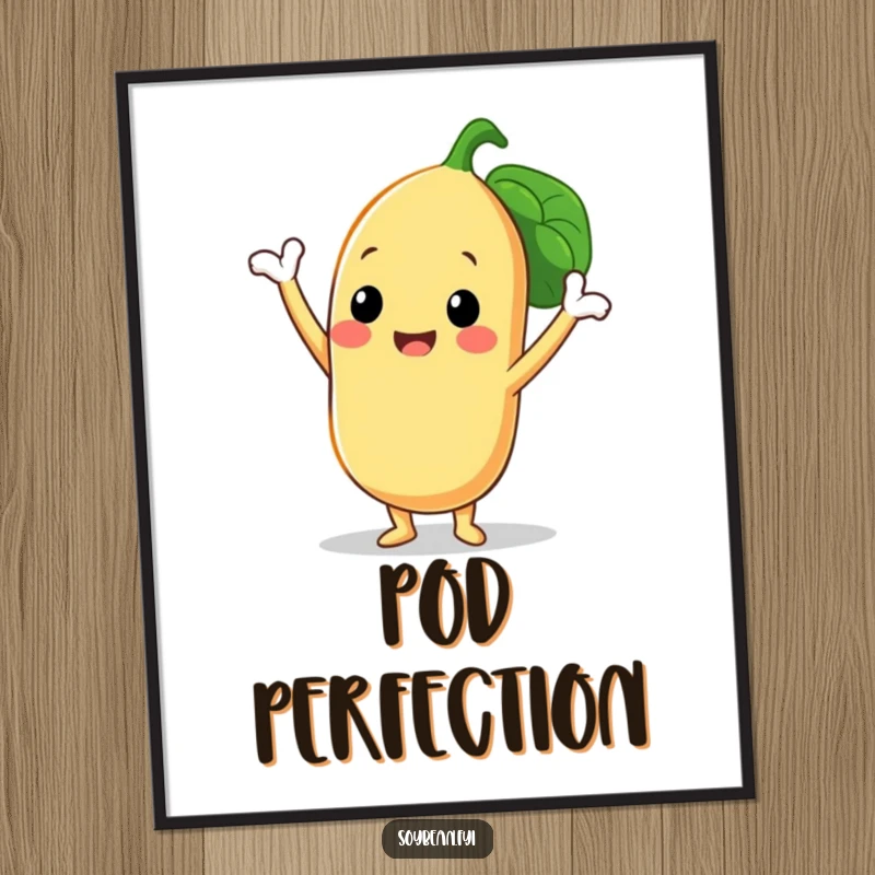 Funny digital art print of a smiling soybean character in a triumphant pose with its three bean pods, perfect for humorous home decor.