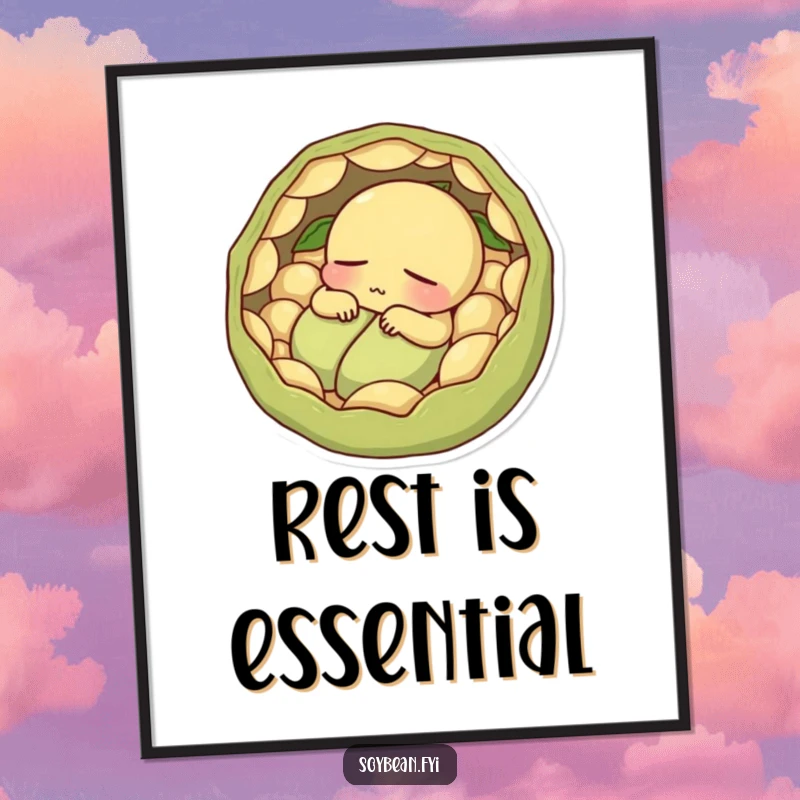 Funny contented soybean character napping peacefully within pods, humorous digital art print.