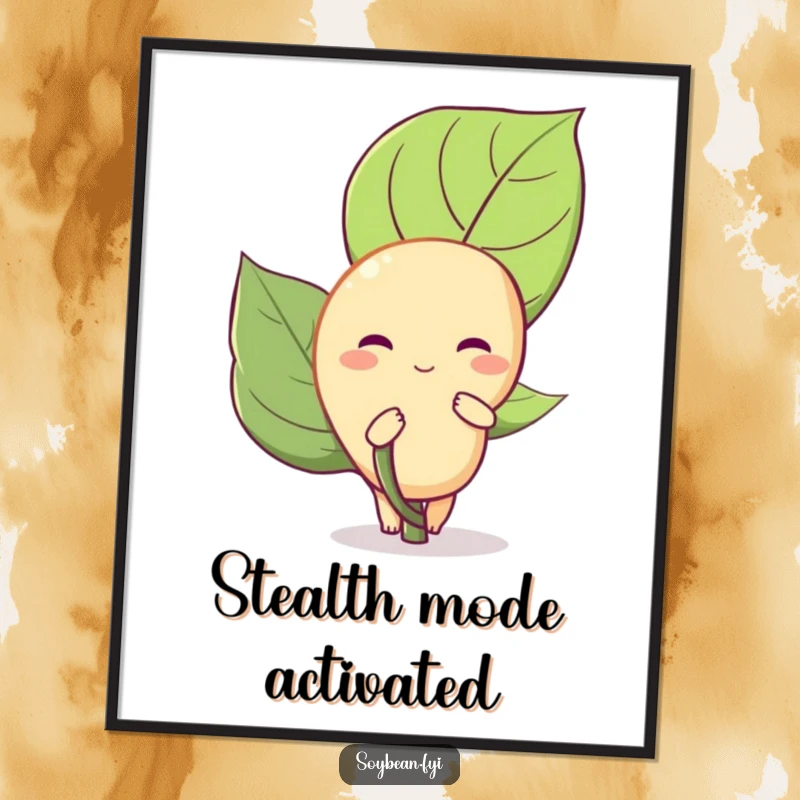 Funny Soybean Digital Art Print: A shy soybean peeks from behind a leaf, a charming and humorous printable.
