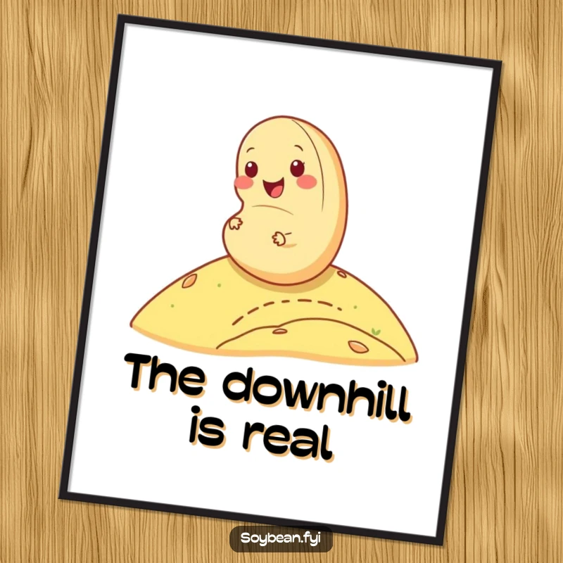 Funny cheerful soybean digital art print rolling down a hill, a burst of happiness to decorate any space, a great funny gift.