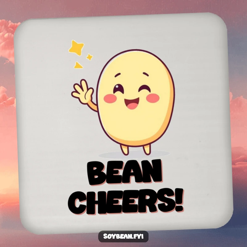 Funny Kawaii soybean character triumphantly waving with a cheerful smile, adding victory to this coaster.