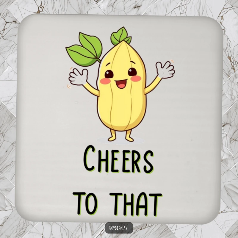 Funny kawaii soybean character happily waving its leafy arms, on a protective drink coaster.