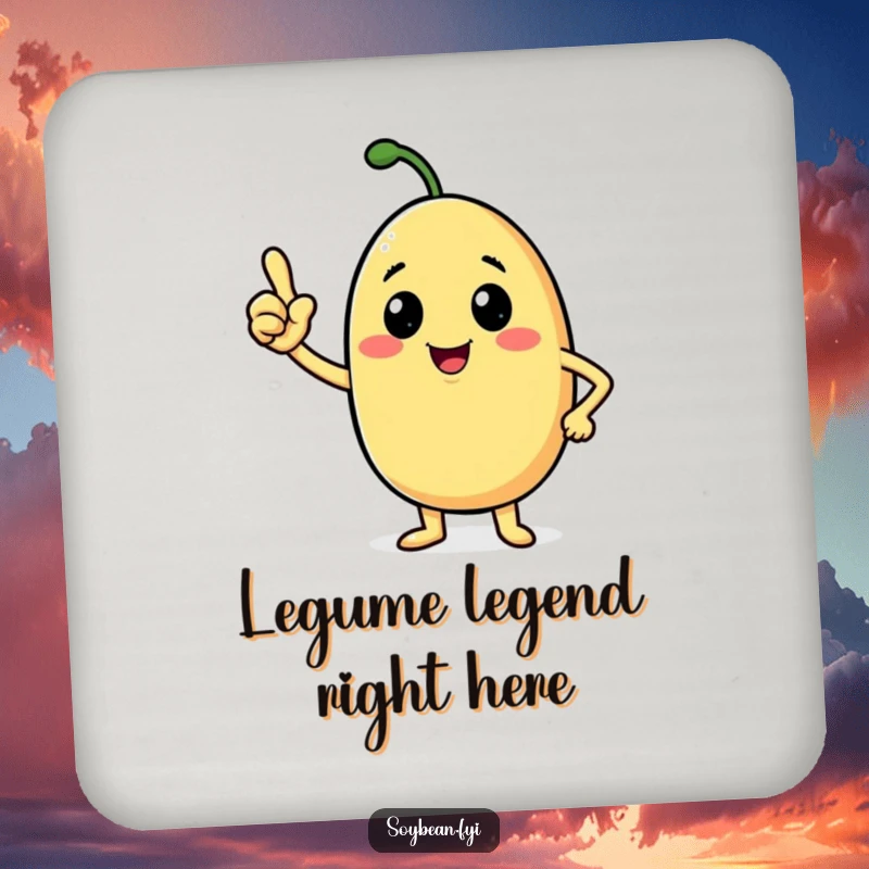 Funny soybean coaster with a beaming anthropomorphic character nodding confidently, offering surface protection and cartoon humor.