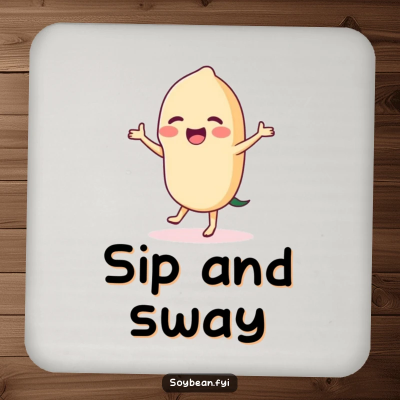 Funny dancing soybean coaster design, showing a delighted bean in a playful dance pose, protecting surfaces with a smile.