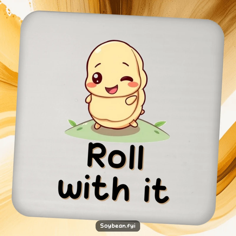 Funny drink coaster featuring a happy soybean determinedly rolling uphill.