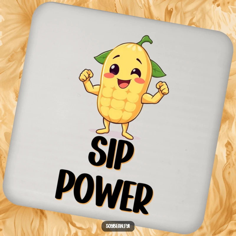 Funny drink coasters with a cheerful anthropomorphic soybean flexing its muscles, adding a touch of strength.