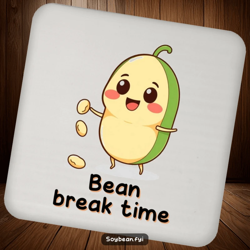 Funny Kawaii soybean character drink coasters, smiling and throwing a tiny bean, adding a humorous touch to drink service.