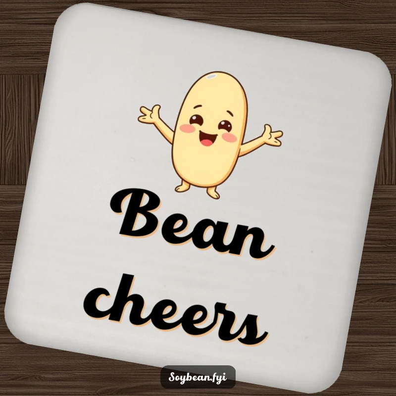 Funny Kawaii soybean character drink coaster, showcasing the character with arms spread wide in a warm, friendly, happy greeting.