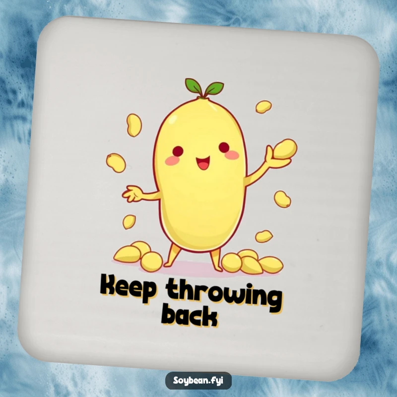 Funny drink coaster showing a kawaii soybean character juggling edamame pods, adding a humorous and skillful touch to any surface.