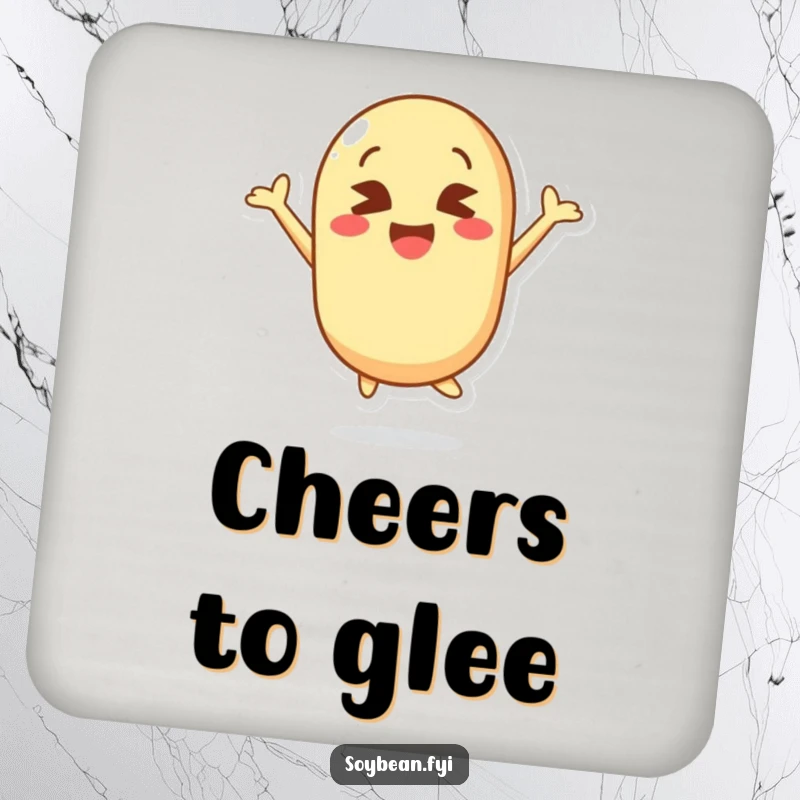 Funny drink coaster showing a kawaii soybean character jumping with crossed eyes, bringing a smile to any drink setup.