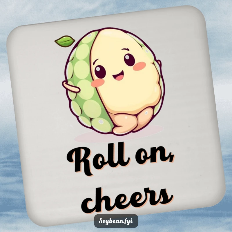 Funny Kawaii soybean character drink coaster, showcasing the character rolling joyfully like a tiny ball with an expression of pure delight.