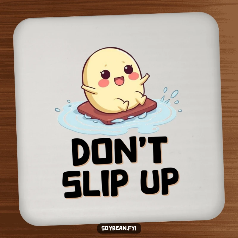 Funny drink coaster showing a kawaii soybean character sliding humorously across a wet surface, adding a funny touch to any drink station.
