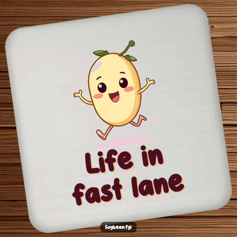 Funny drink coaster displaying a kawaii soybean comically sprinting, adding a humorous and protective touch to any surface, a cute funny gift.