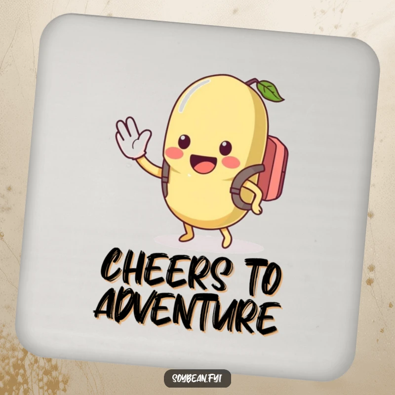 Funny drink coaster displaying a kawaii soybean with a backpack, waving hello excitedly, adding a humorous and welcoming touch, a cute funny gift.