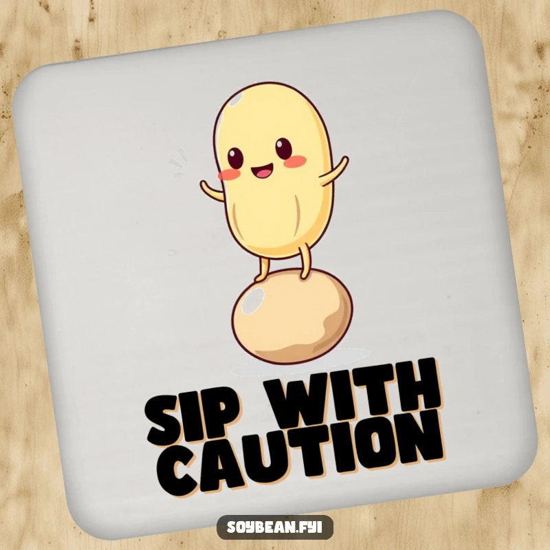 Funny drink coaster showing a kawaii soybean character attempting to balance on one bean, adding a humorous touch to any surface.