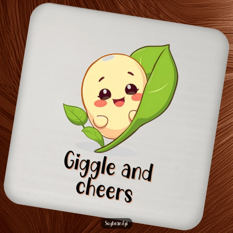 Funny drink coaster featuring a giggling soybean character peeking from behind a leaf, protecting surfaces with playful humor.