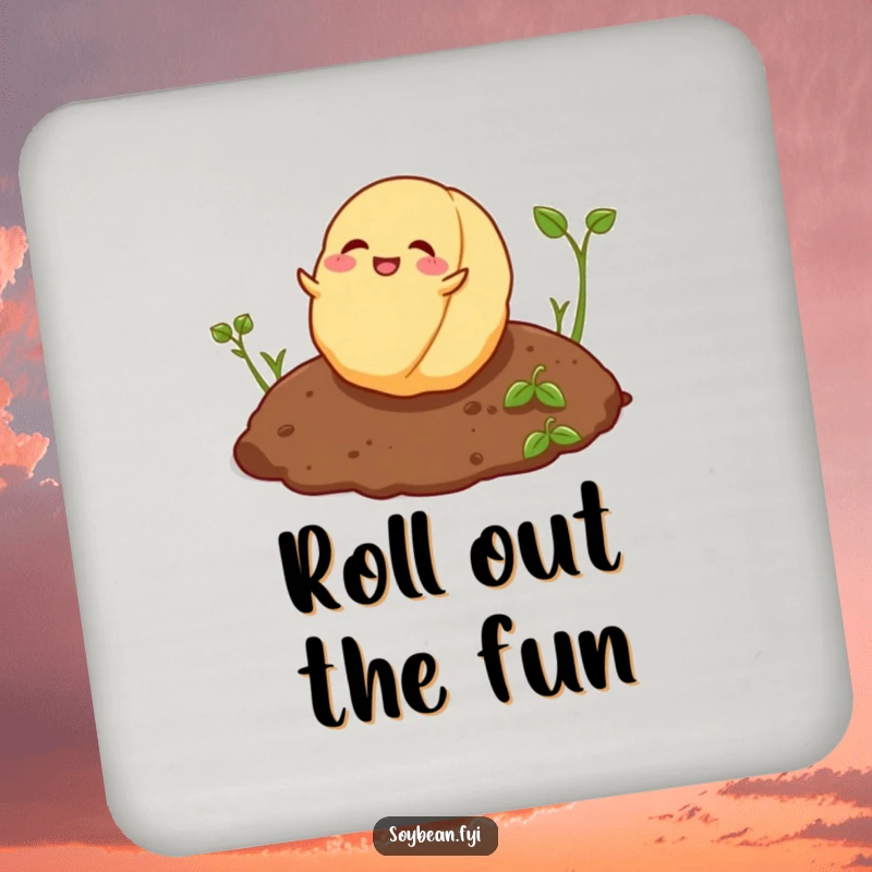 Funny playful soybean rolling joyfully on soil on protective drink coasters.