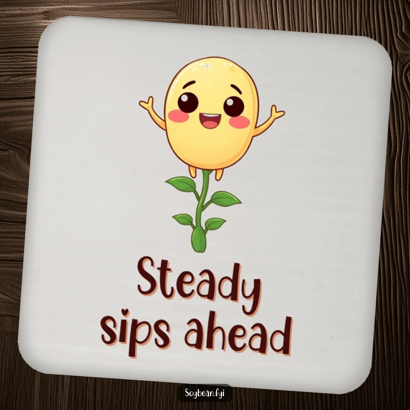 Funny soybean coaster with a joyful anthropomorphic soybean balancing on a tiny sprout, adding a touch of humor to drink service.