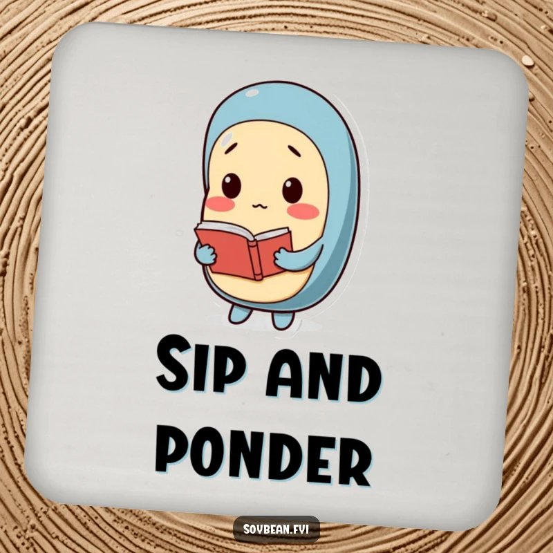 Funny drink coaster with a contemplative soybean character holding a small book, perfect for protecting surfaces with intellectual and humorous flair.